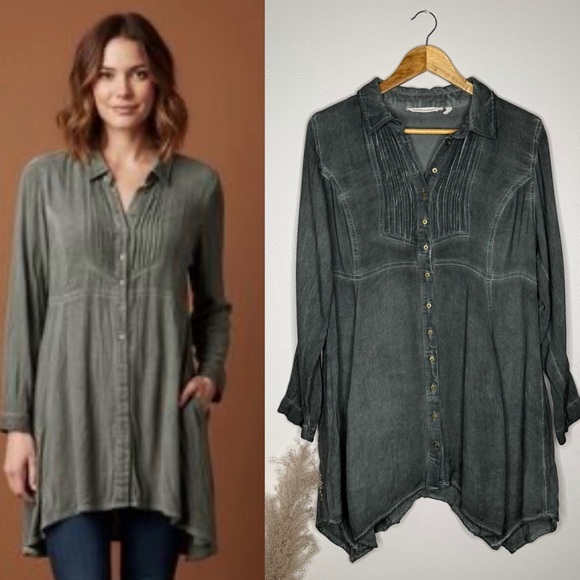 Soft Surroundings | Heavenly Soft Pigment Wash Button Down Shirt in Olive Green - Picture 9 of 9